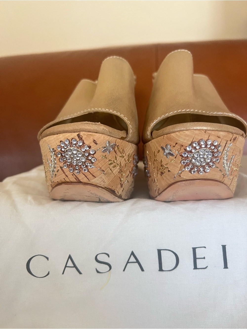 Casadei Tan Suede Embellished Wedge Mules
